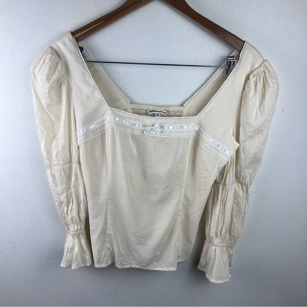 Reformation Cream Square Neck Puff Sleeve Blouse